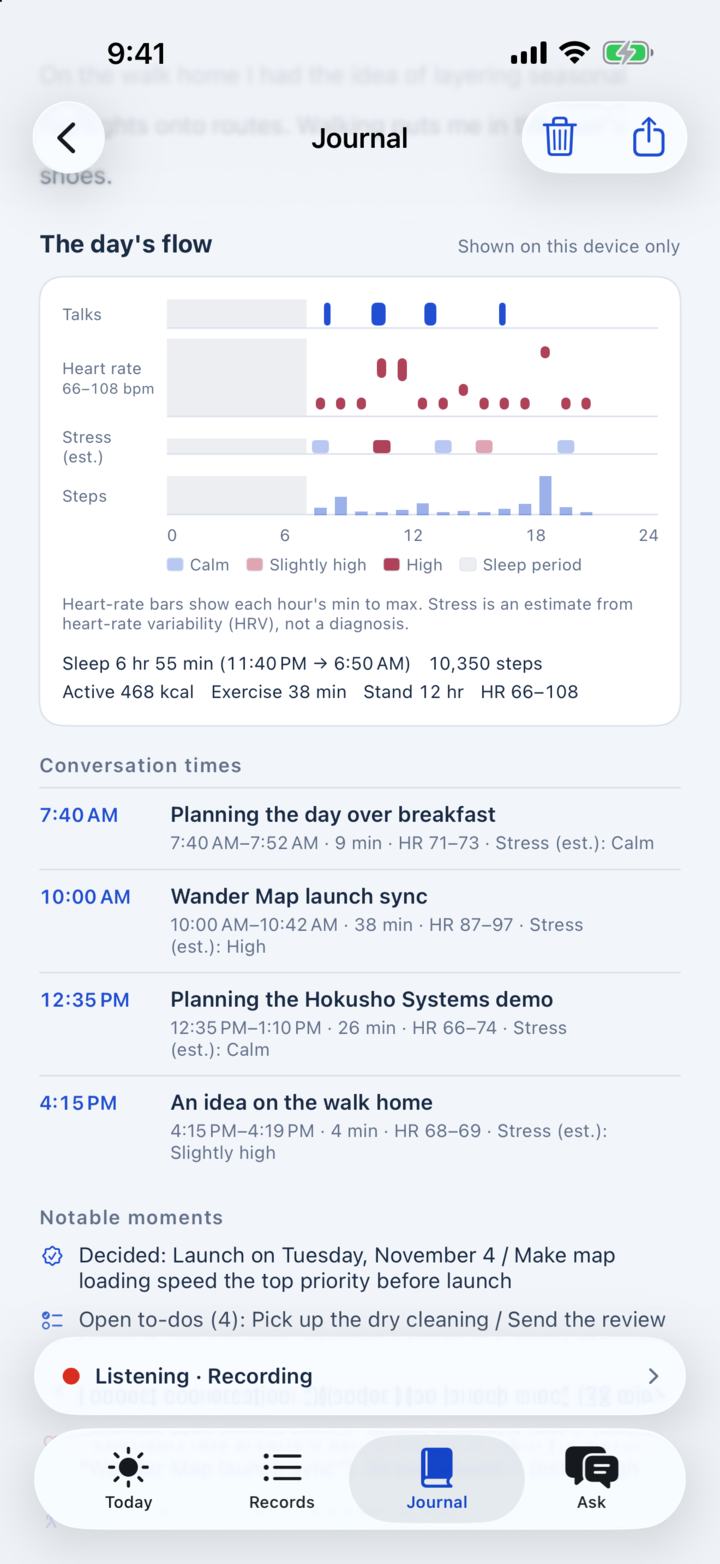 The day flow on iPhone: a timeline of conversations, heart rate, stress and steps