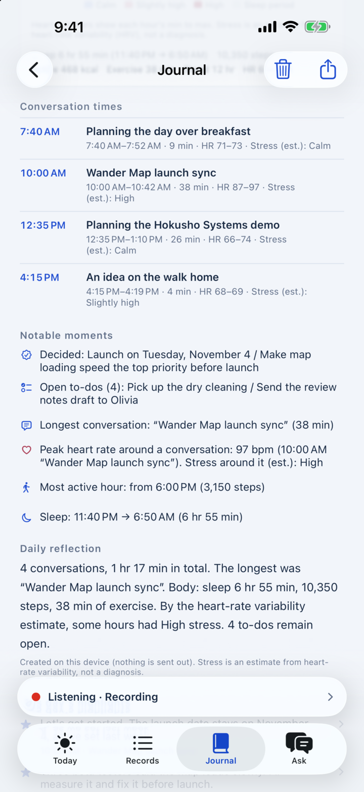 The Diary screen on iPhone with the day flow and conversation times