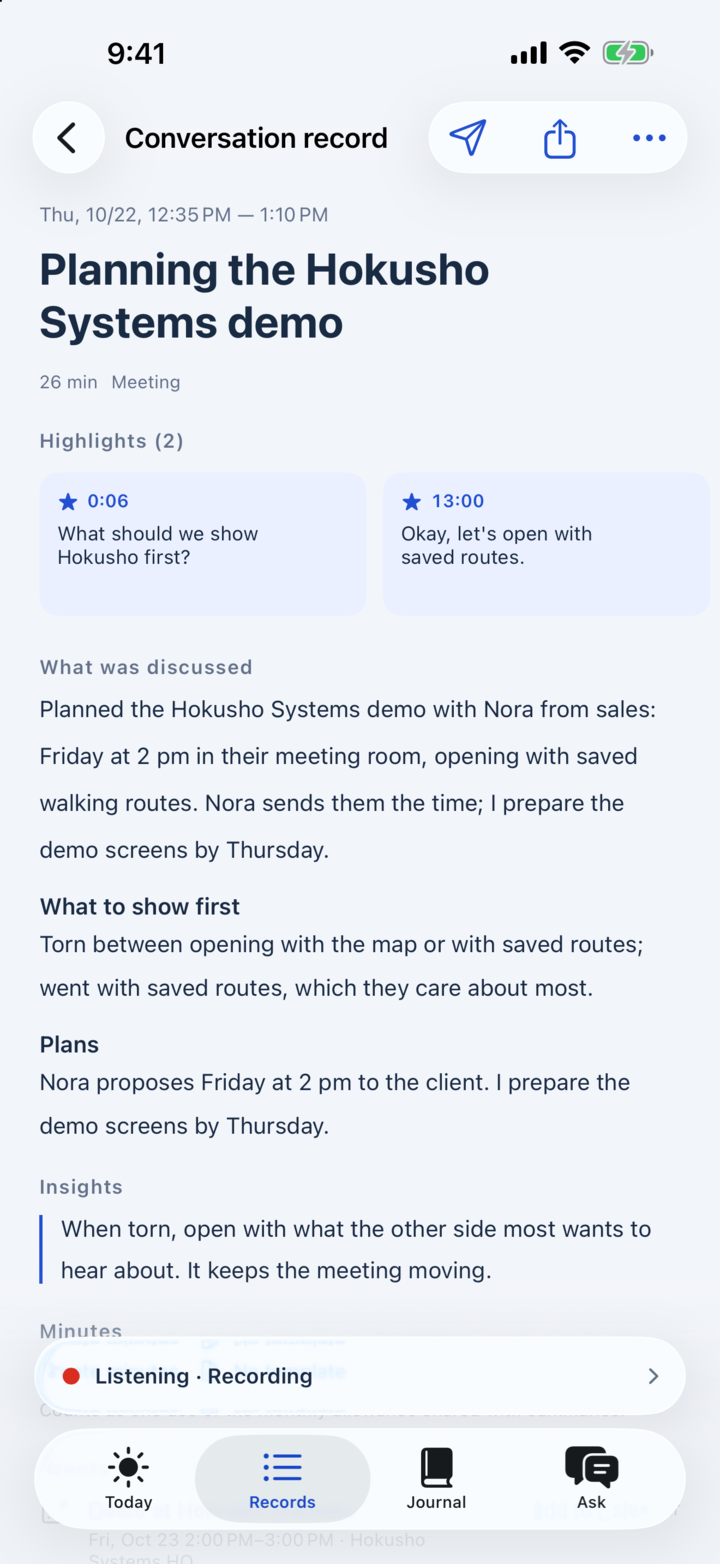 A conversation record on iPhone with a summary and what was discussed
