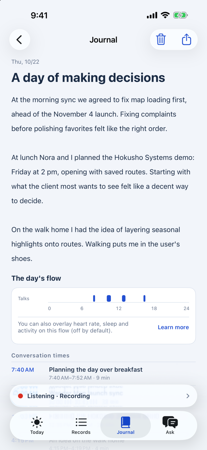 The Diary screen on iPhone with the day’s entry