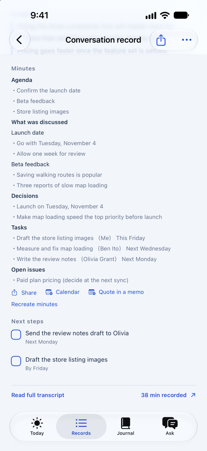 Meeting minutes on iPhone with Share, Calendar and Quote in note buttons