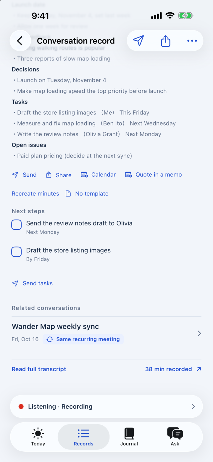 A conversation record on iPhone with a list of related conversations