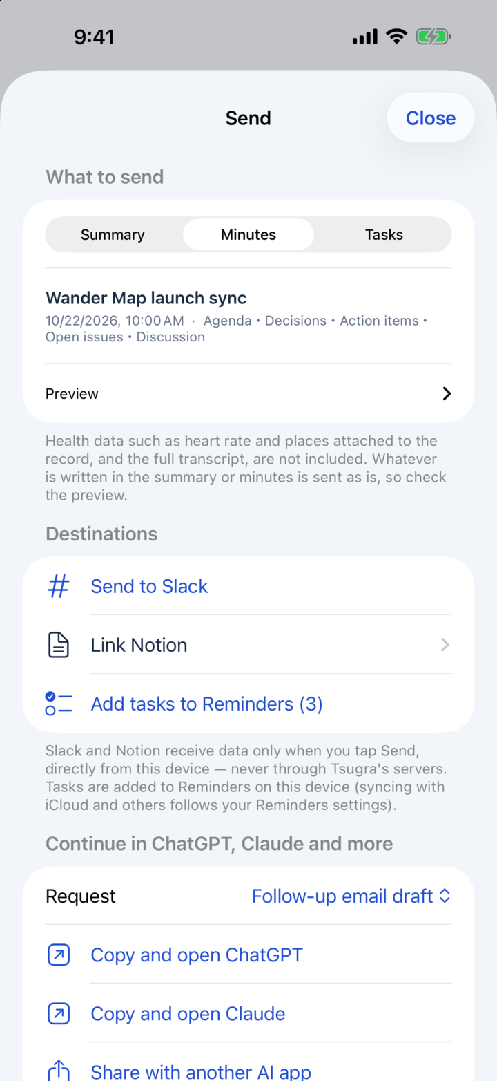 The Send screen on iPhone with export options