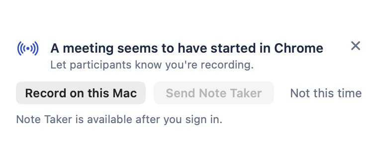 The prompt shown when a meeting is detected on Mac, with options to record on this Mac or send the meeting bot