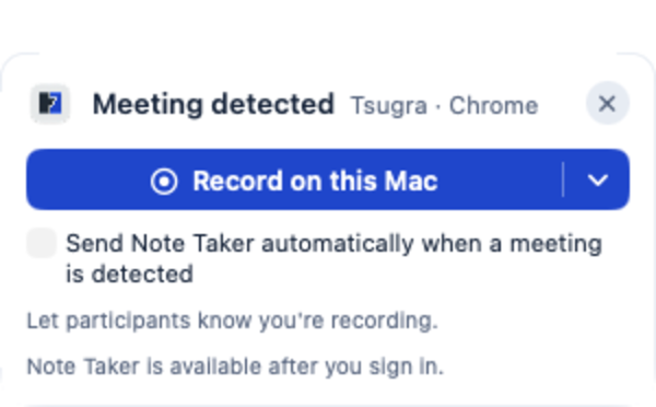 The prompt shown when the Mac detects a meeting, with a Record on this Mac button