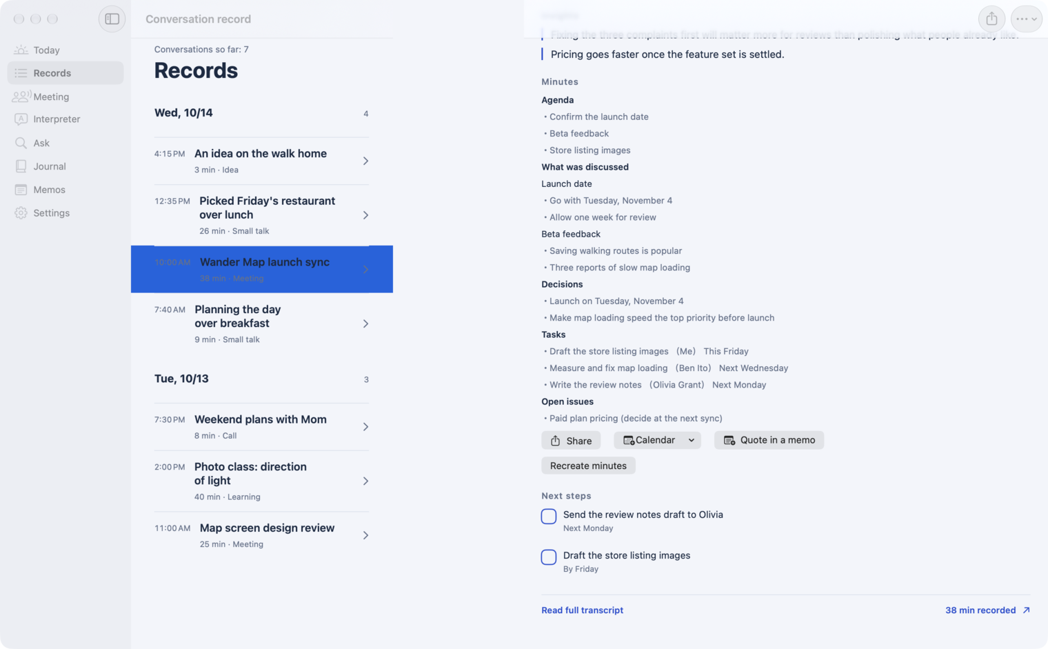 Meeting minutes on Mac, organized into agenda, decisions and action items