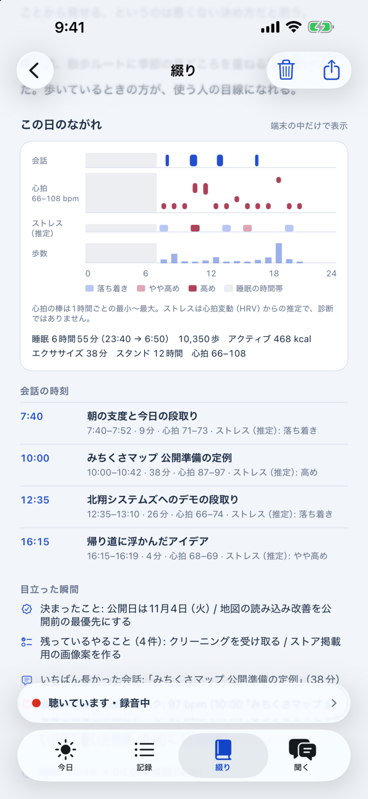 iPhoneの「今日のながれ」。会話・心拍・ストレス・歩数のタイムライン